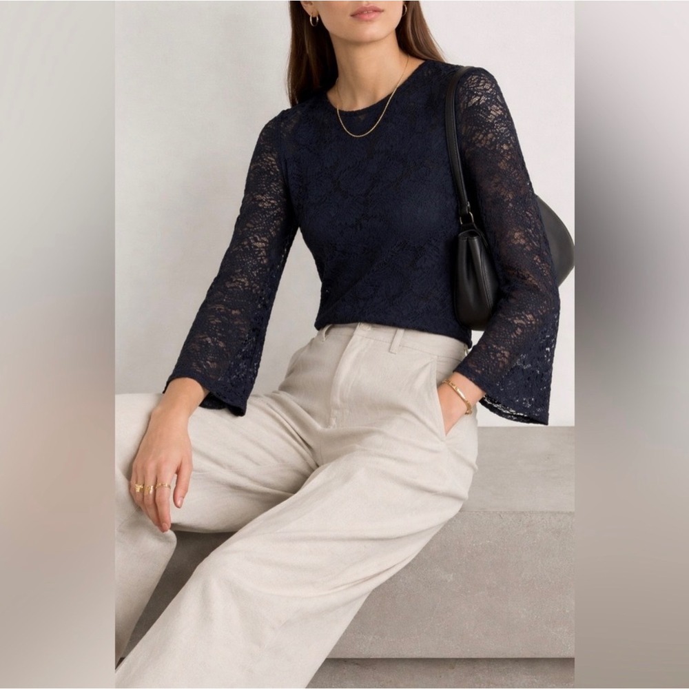 Sea New York Navy Lace Blouse Bell Sleeve Sheer Floral Top Size 4